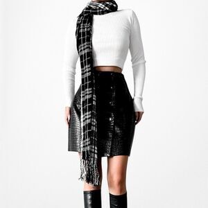 Vintage Pierre Cardin Black Gray Plaid Checkered Print Fringe Scarf